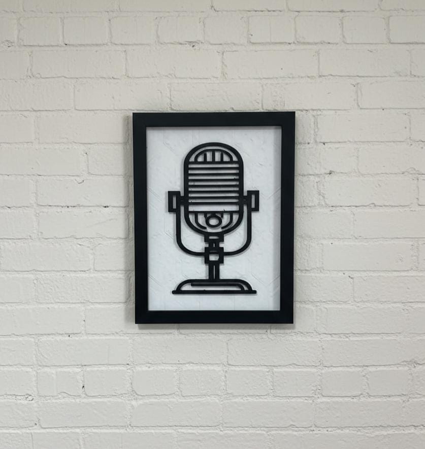 3D Printed Microphone Wall Art, Retro Studio Decor, Minimalist Black White (21cm x 16cm)
