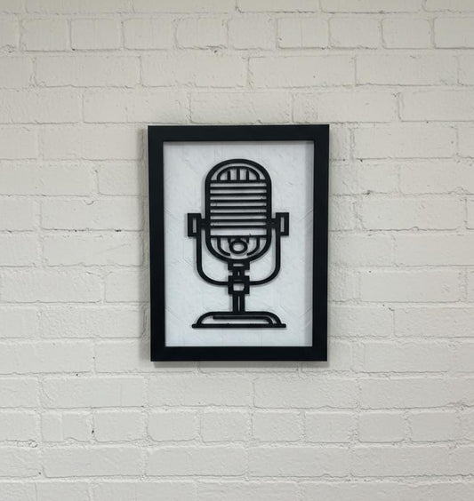 3D Printed Microphone Wall Art, Retro Studio Decor, Minimalist Black White (21cm x 16cm)