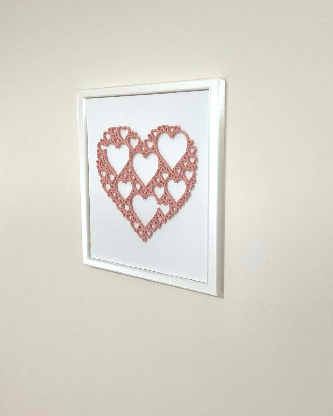 3D Heart Wall Art, Dusty Rose Filigree Decor, White Frame, Anniversary Wedding Nursery