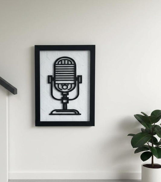 3D Printed Microphone Wall Art, Retro Studio Decor, Minimalist Black White (21cm x 16cm)