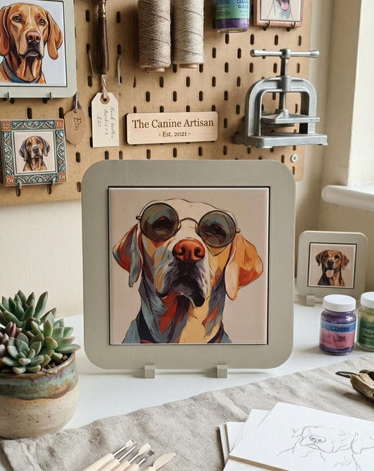 Pop Art Dog Ceramic Tile Art, Sunglasses Pup, Quirky Pet Portrait, Framed Wall Decor