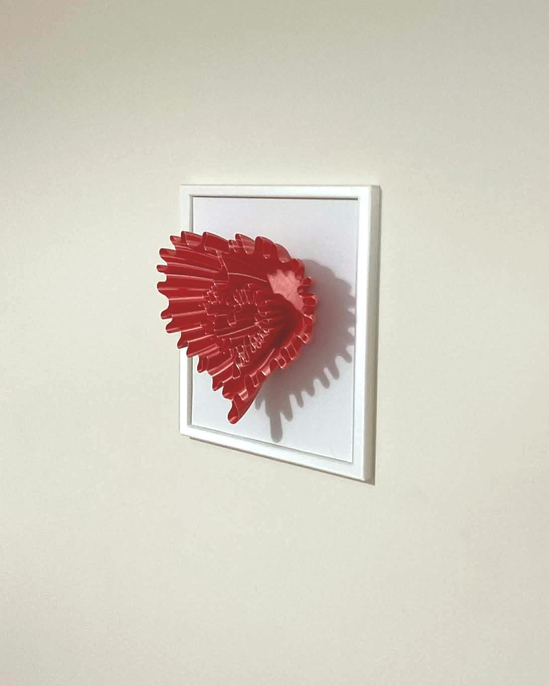 3D Ruffled Heart Sculpture, Red Textured Wall Art, Minimalist White Frame Home Decor