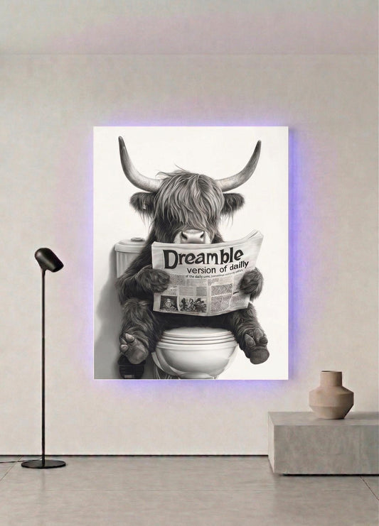 Highland Cow Reading Newspaper Metal Wall Art, Funny Bathroom Decor (20cm x 28cm)