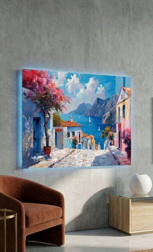 Sound Reactive LED Metal Art, Mediterranean Coastal Village Wall Decor