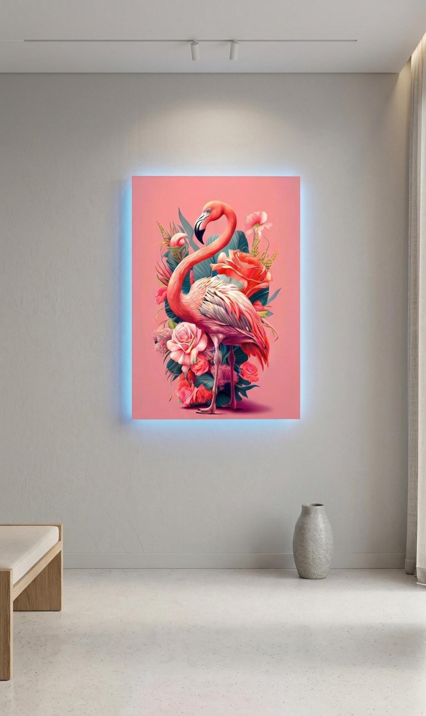 Backlit Flamingo Metal Art, Sound Reactive LED Wall Decor, Tropical Floral Frame