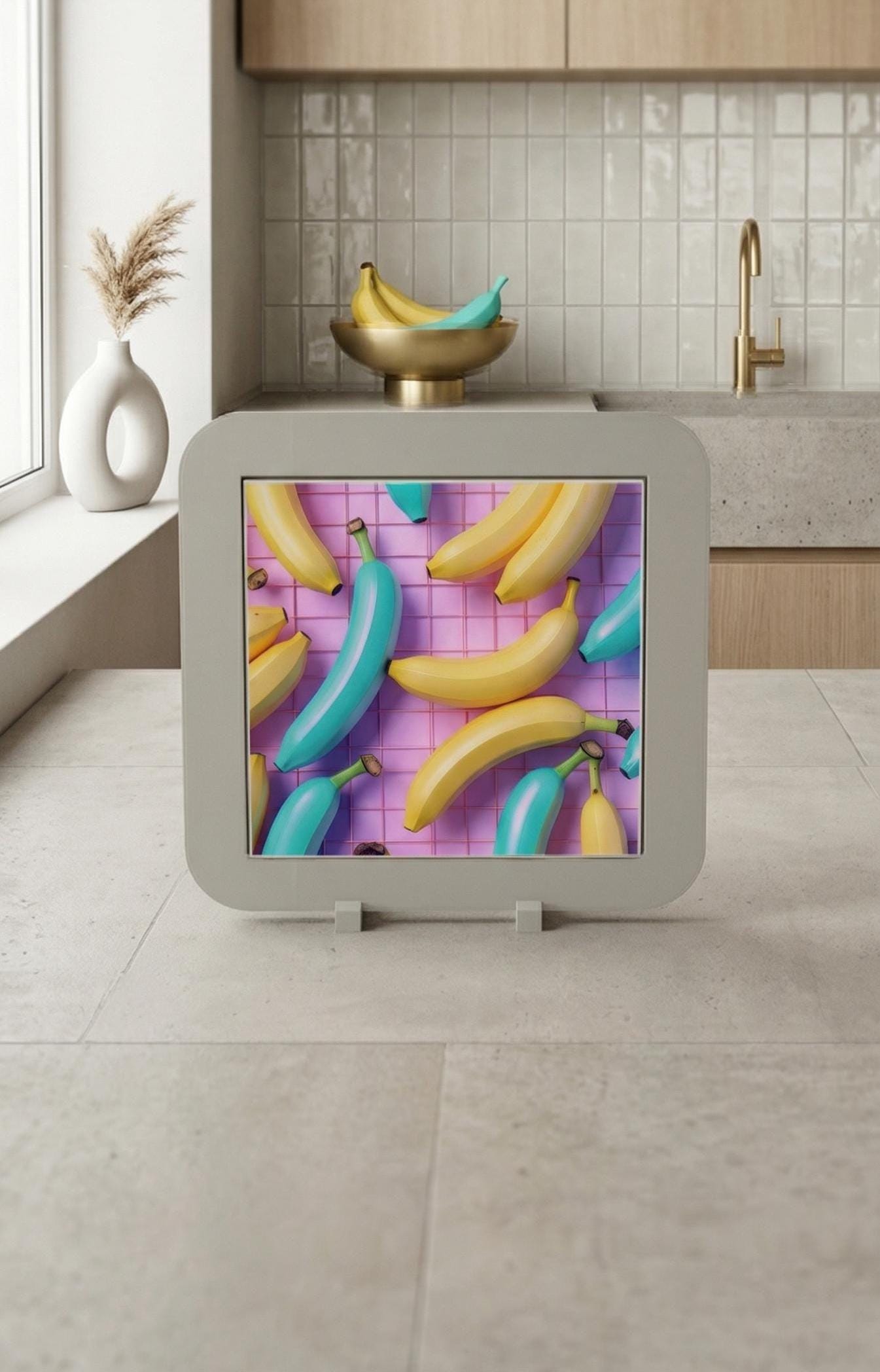 Teal Yellow Banana Illustration, Synthwave Retro Grid Art, 80s Tabletop Decor
