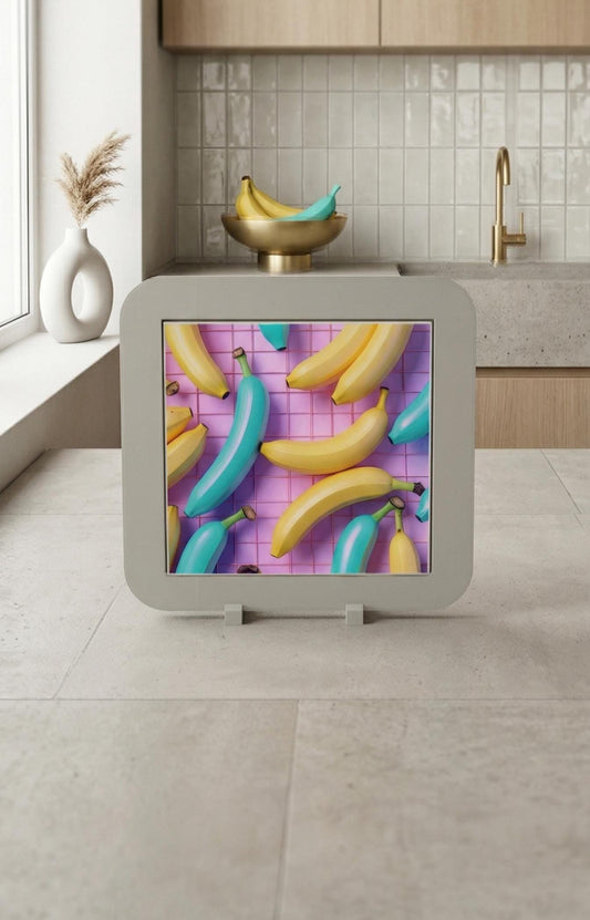 Teal Yellow Banana Illustration, Synthwave Retro Grid Art, 80s Tabletop Decor