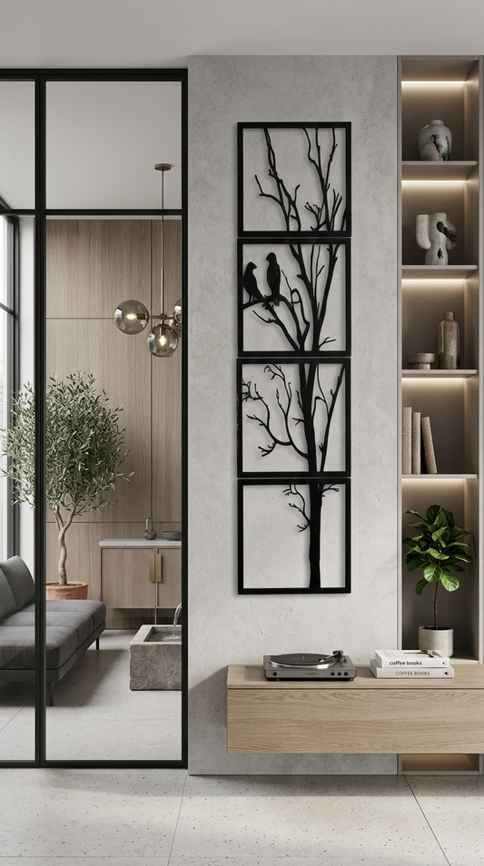 Vertical Tree Wall Art, Four Panel Birds Silhouette, Modern Nature Decor, 3D Printed Sculpture