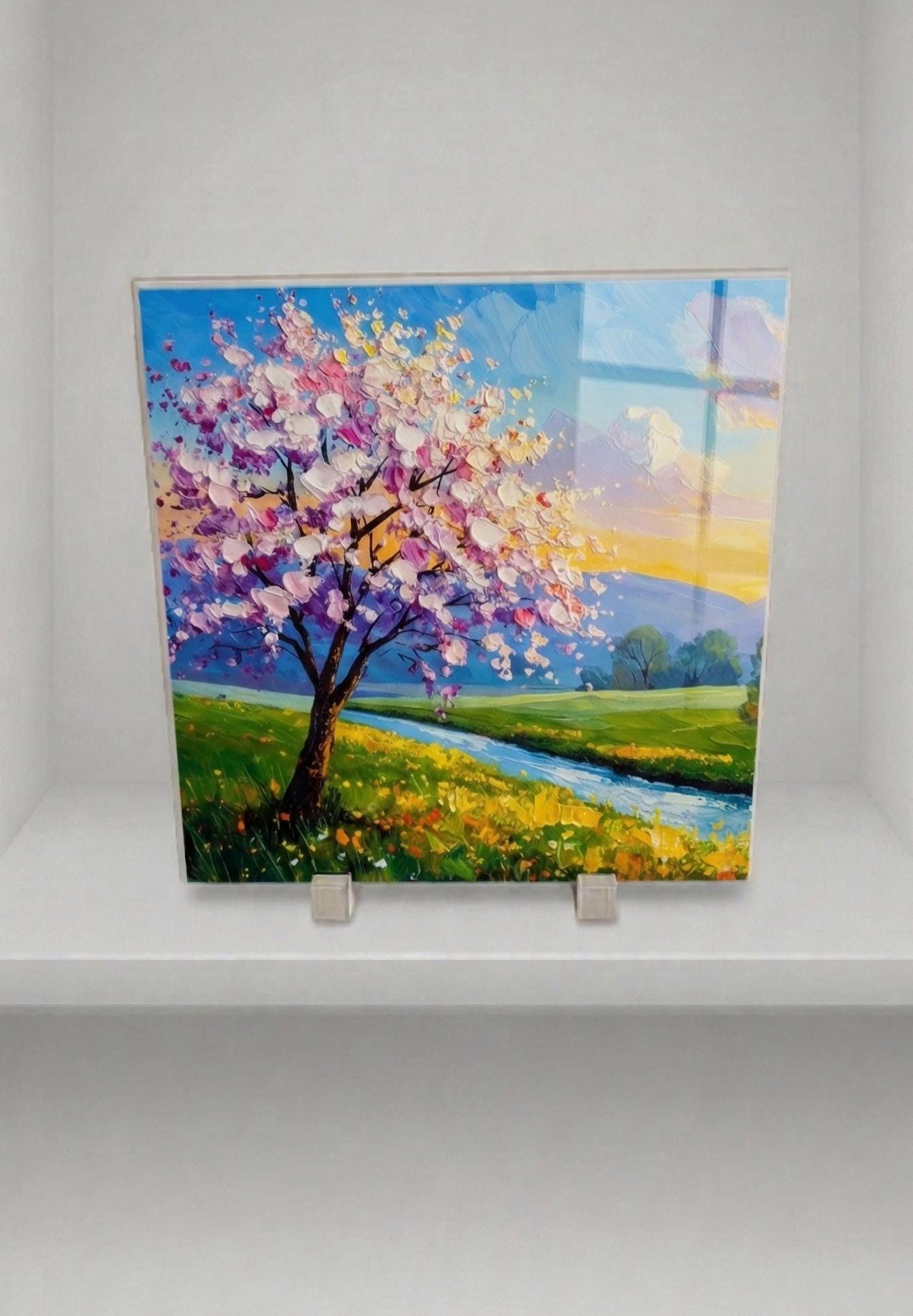 Original Cherry Blossom Tile Print, Impasto Spring Landscape, Floral Wall Art
