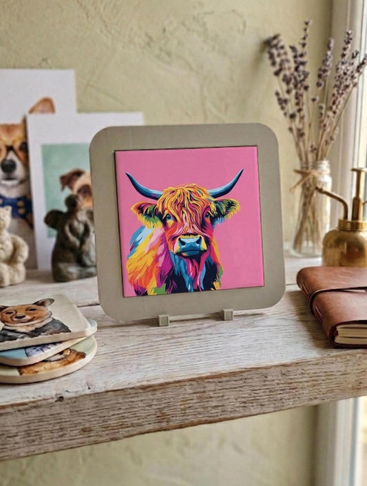 Vibrant Highland Cow Ceramic Tile Art, Pop Art Animal Decor, Pink Home Accents