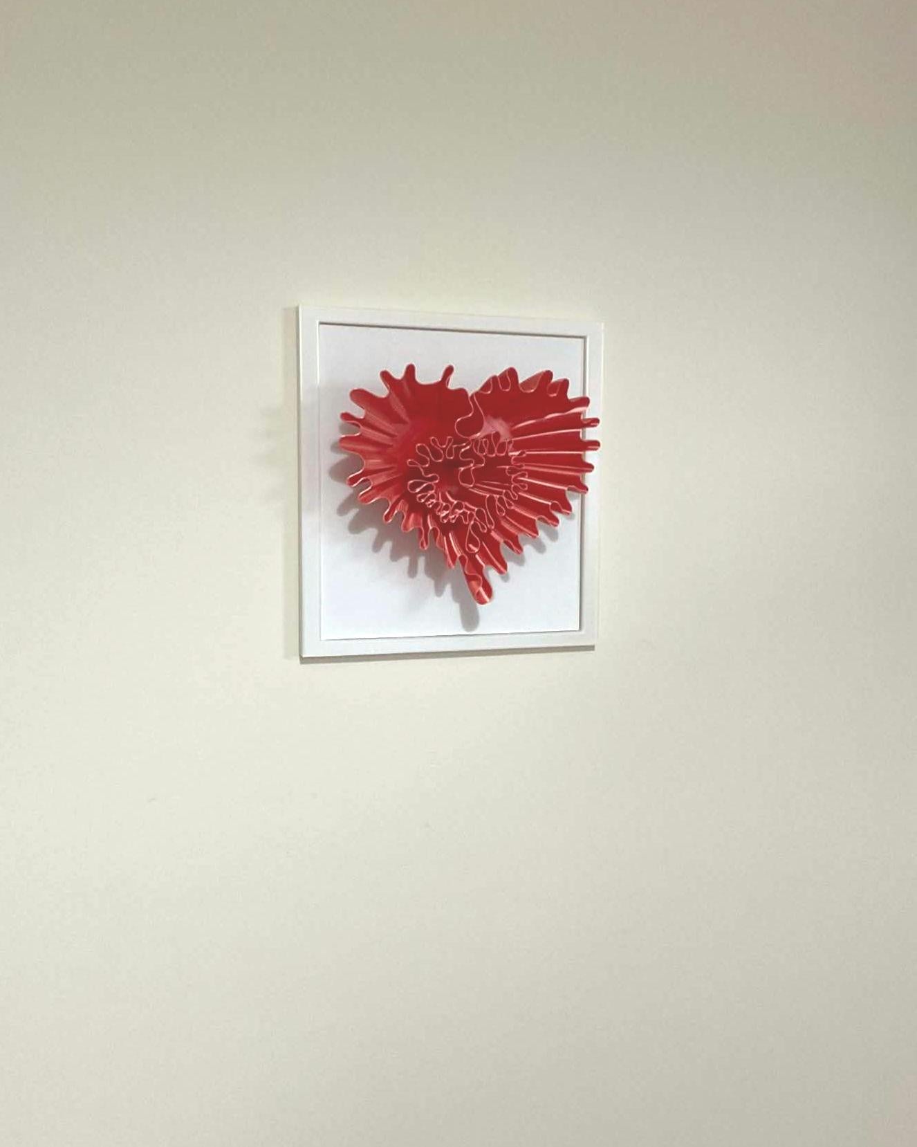 3D Ruffled Heart Sculpture, Red Textured Wall Art, Minimalist White Frame Home Decor
