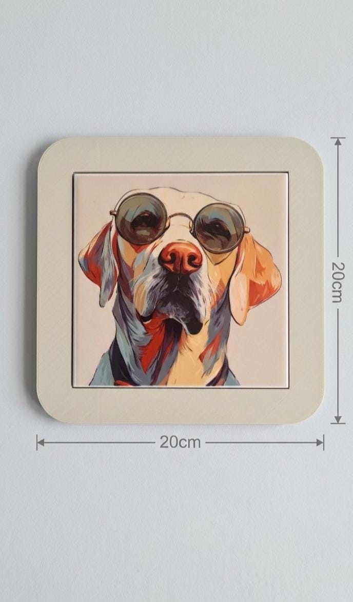 Pop Art Dog Ceramic Tile Art, Sunglasses Pup, Quirky Pet Portrait, Framed Wall Decor