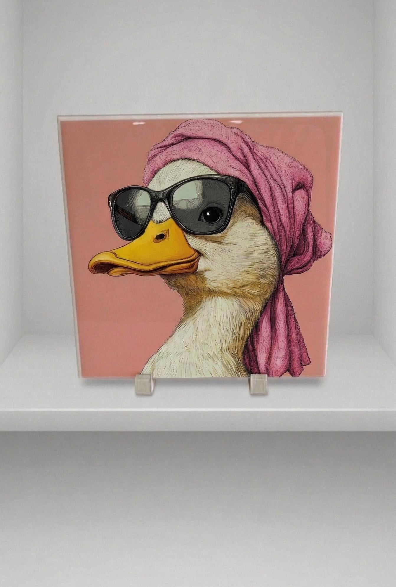 Quirky Duck Ceramic Tile Art, Retro Pink Diva Duck, Maximalist Wall Decor