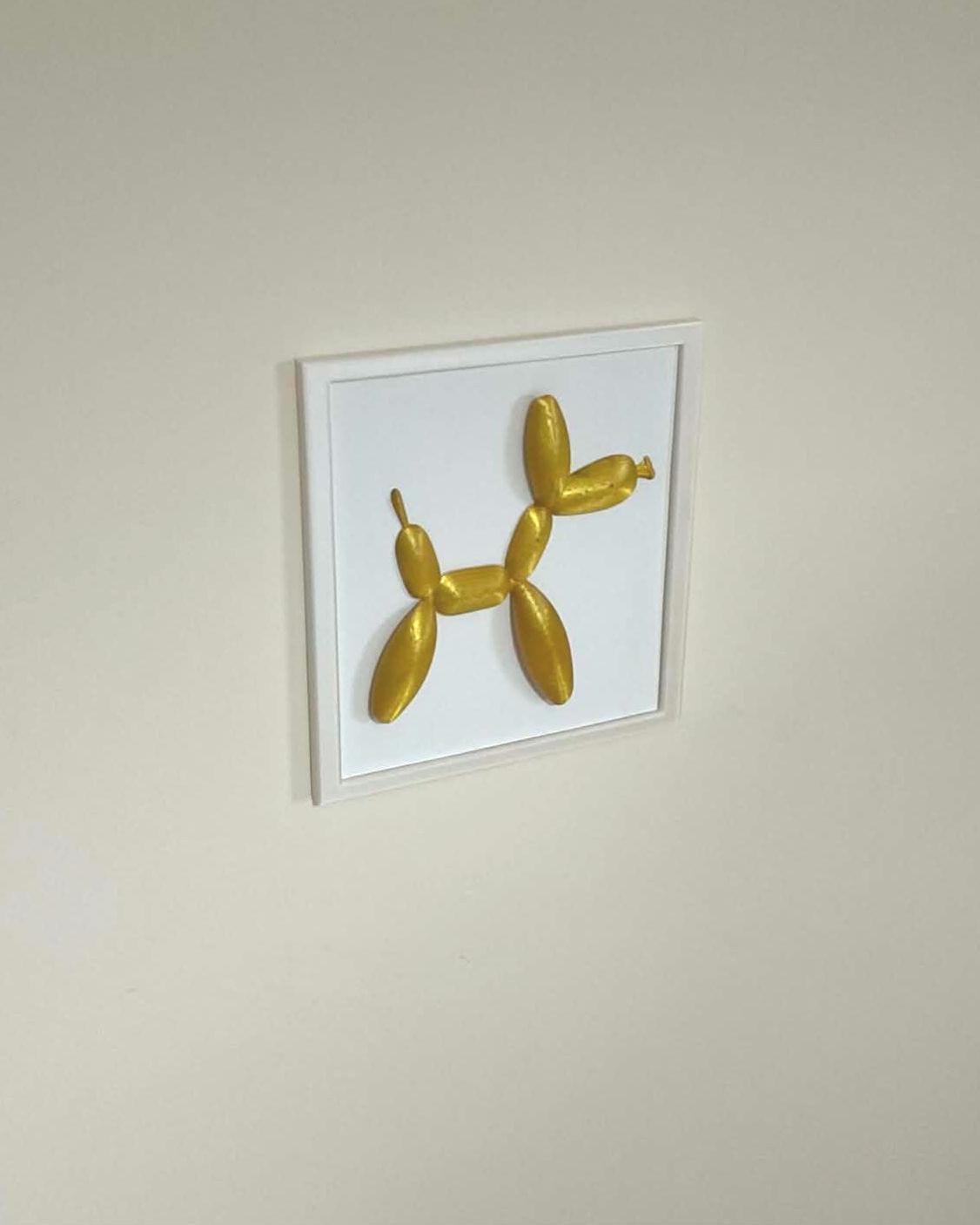 Gold Balloon Dog 3D Wall Art, Metallic Pop Art Sculpture, Framed PLA Decor