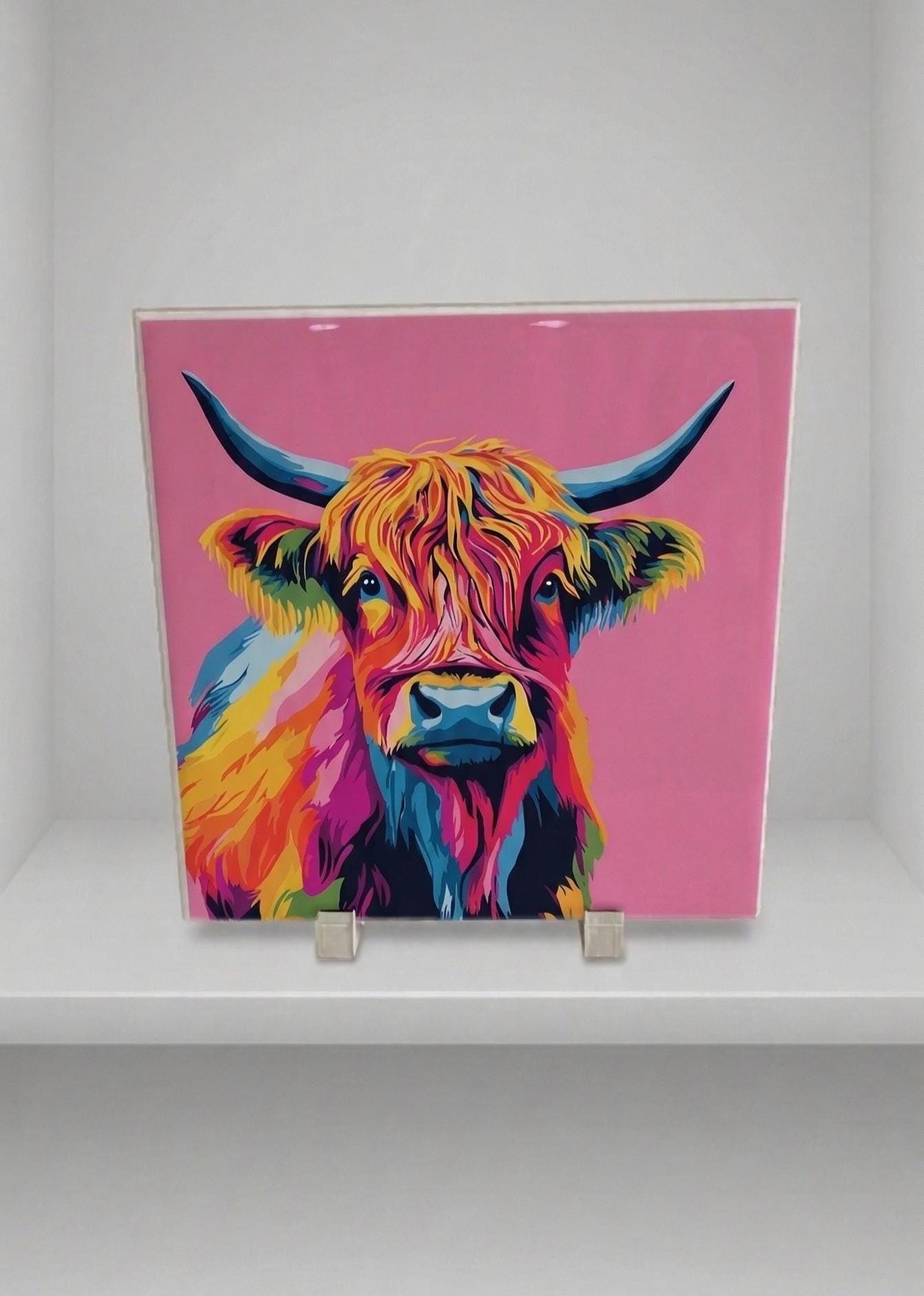 Vibrant Highland Cow Ceramic Tile Art, Pop Art Animal Decor, Pink Home Accents