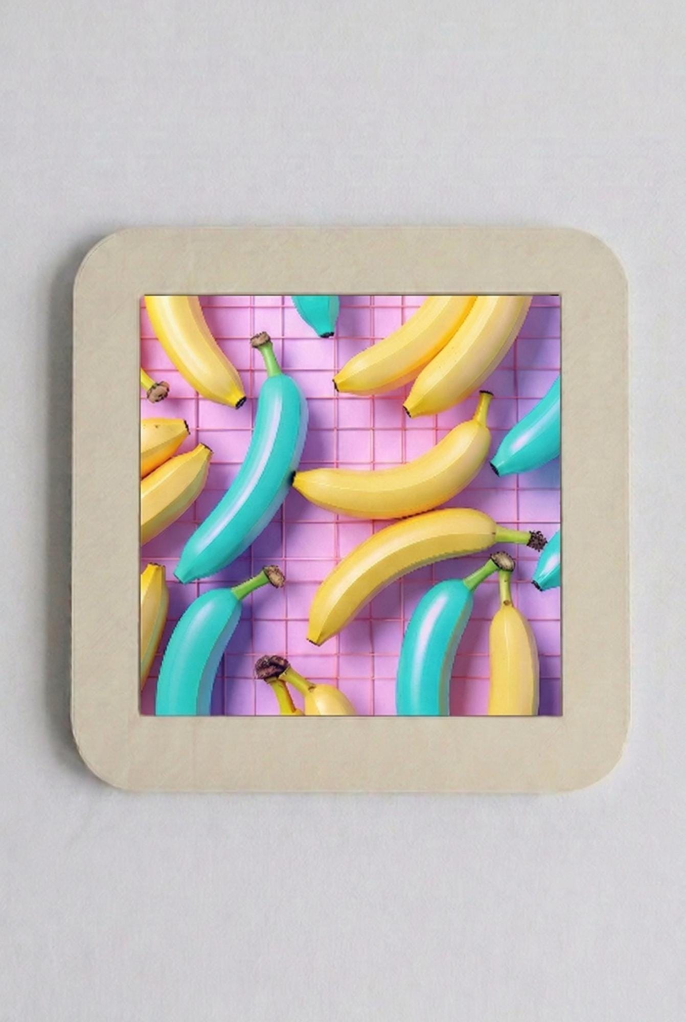 Teal Yellow Banana Illustration, Synthwave Retro Grid Art, 80s Tabletop Decor