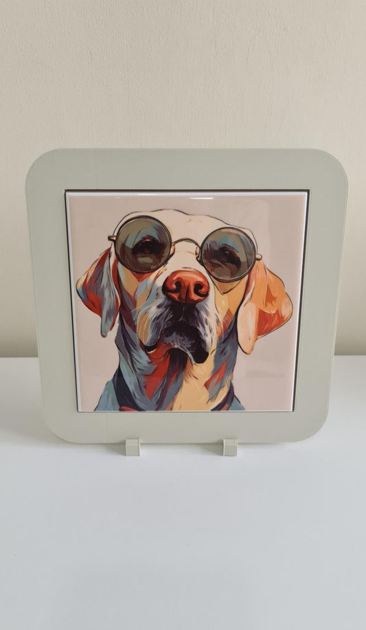 Pop Art Dog Ceramic Tile Art, Sunglasses Pup, Quirky Pet Portrait, Framed Wall Decor