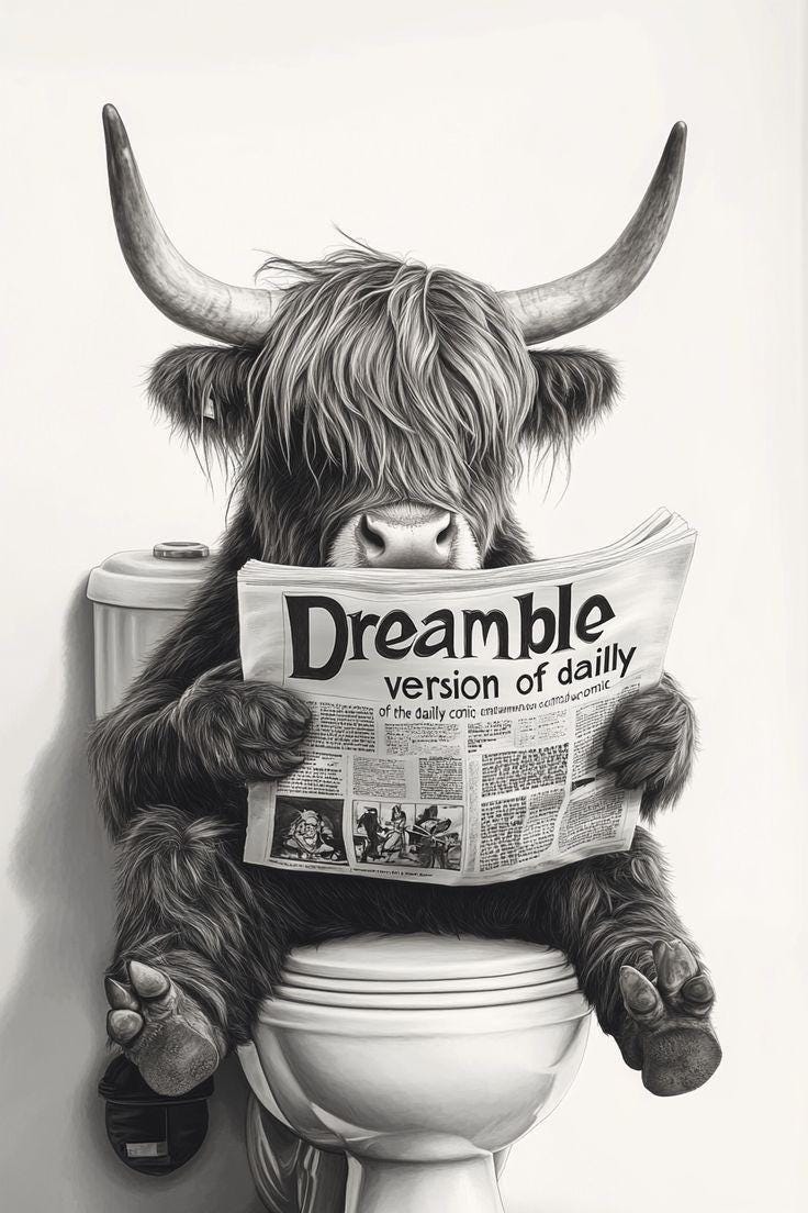 Highland Cow Reading Newspaper Metal Wall Art, Funny Bathroom Decor (20cm x 28cm)