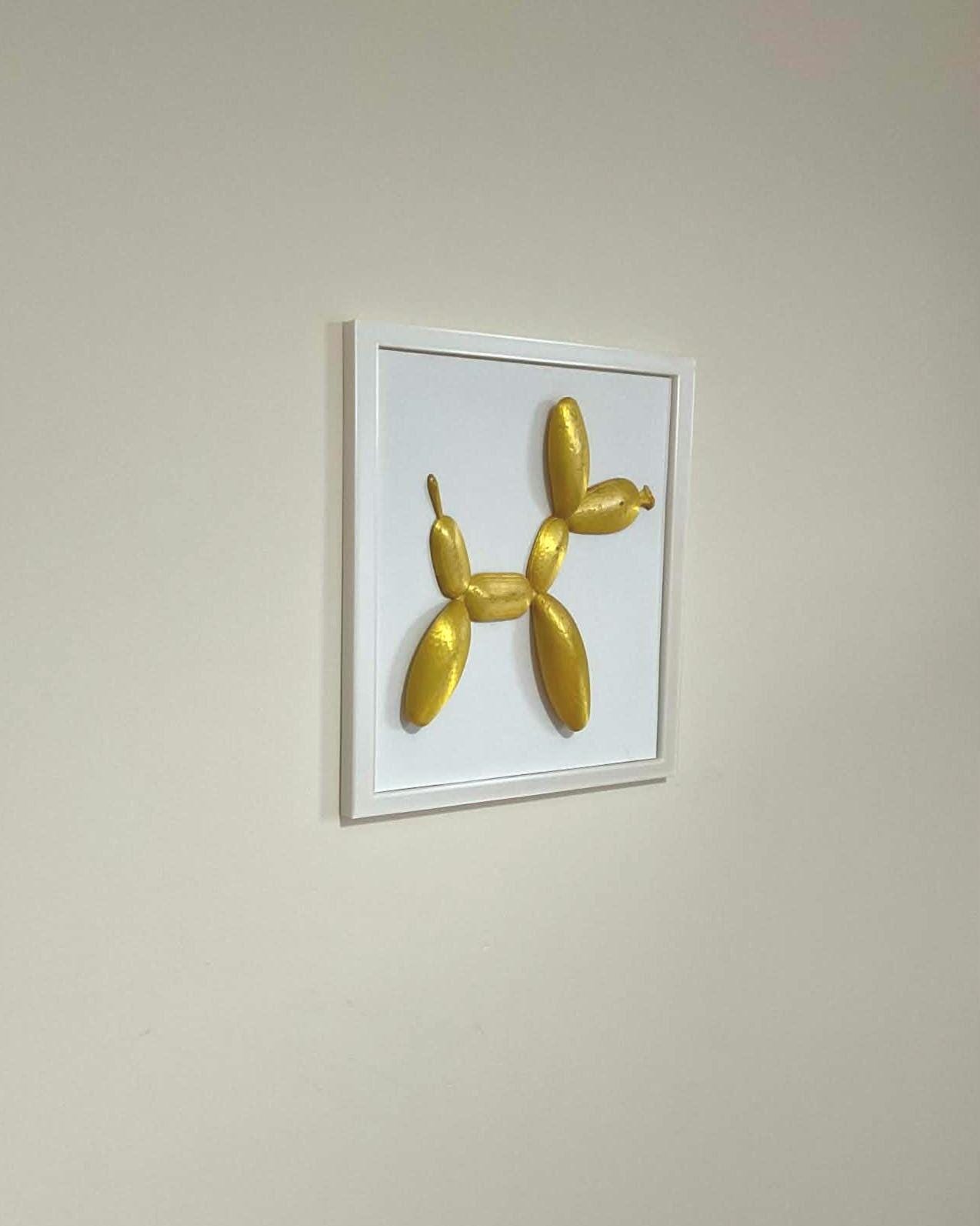 Gold Balloon Dog 3D Wall Art, Metallic Pop Art Sculpture, Framed PLA Decor