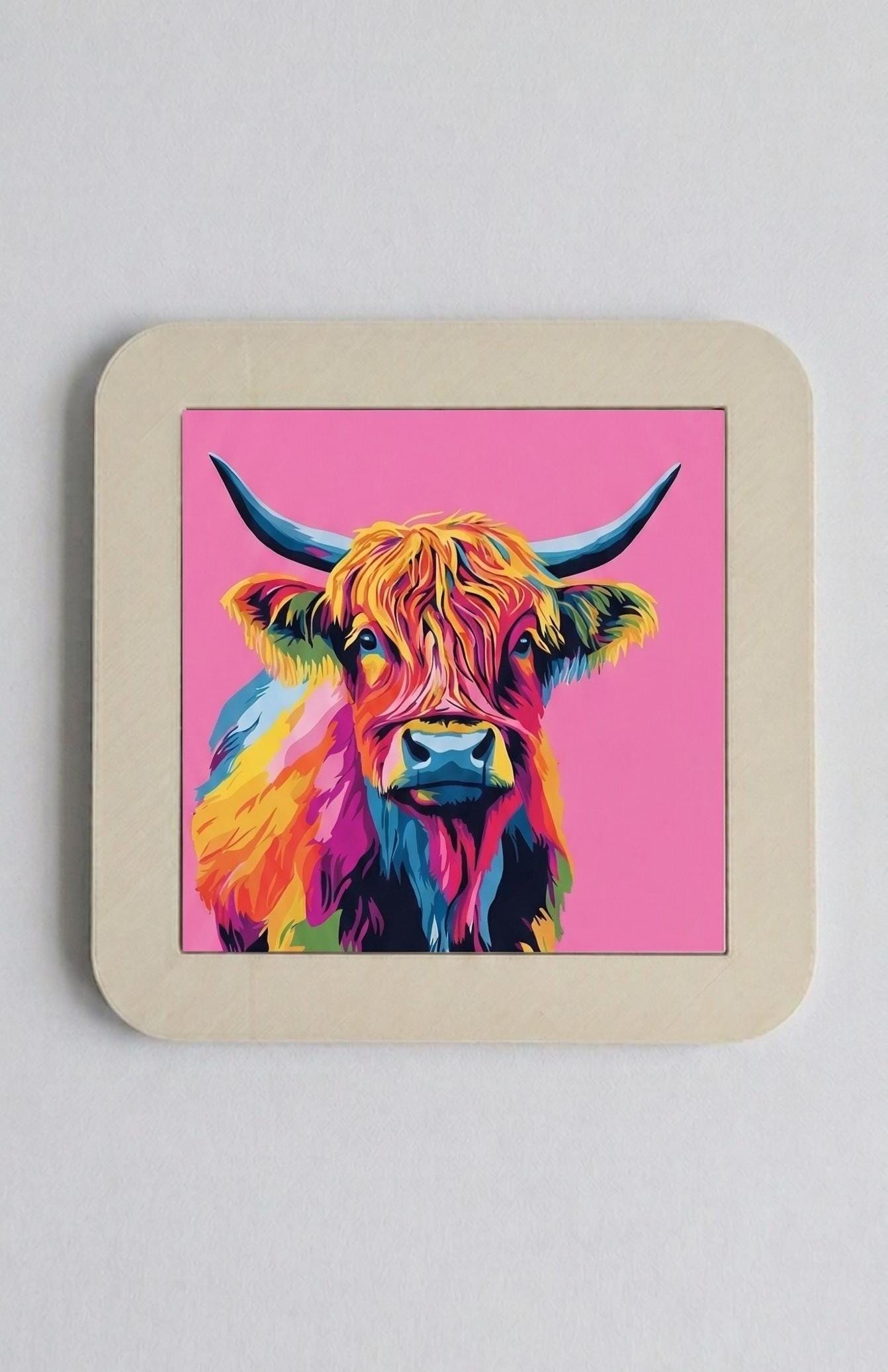 Vibrant Highland Cow Ceramic Tile Art, Pop Art Animal Decor, Pink Home Accents