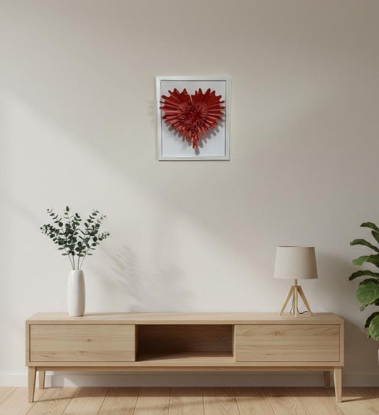 3D Ruffled Heart Sculpture, Red Textured Wall Art, Minimalist White Frame Home Decor
