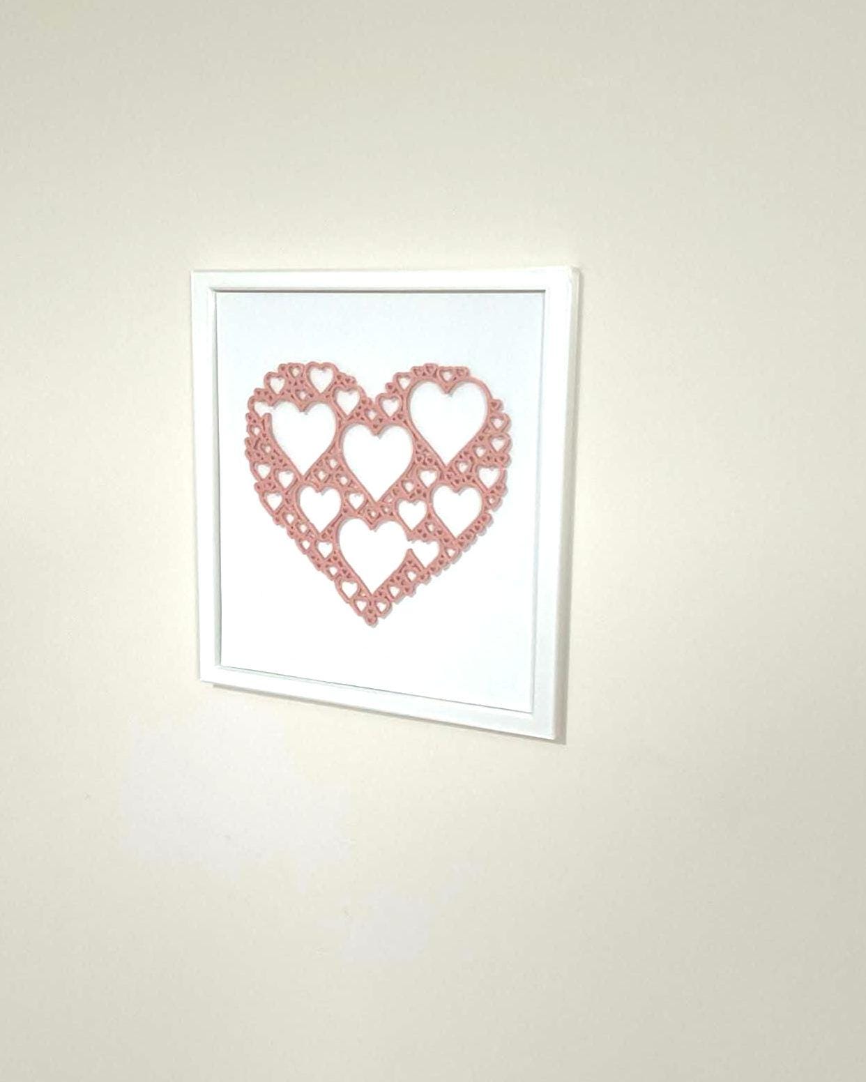 3D Heart Wall Art, Dusty Rose Filigree Decor, White Frame, Anniversary Wedding Nursery