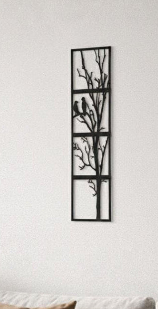 Vertical Tree Wall Art, Four Panel Birds Silhouette, Modern Nature Decor, 3D Printed Sculpture