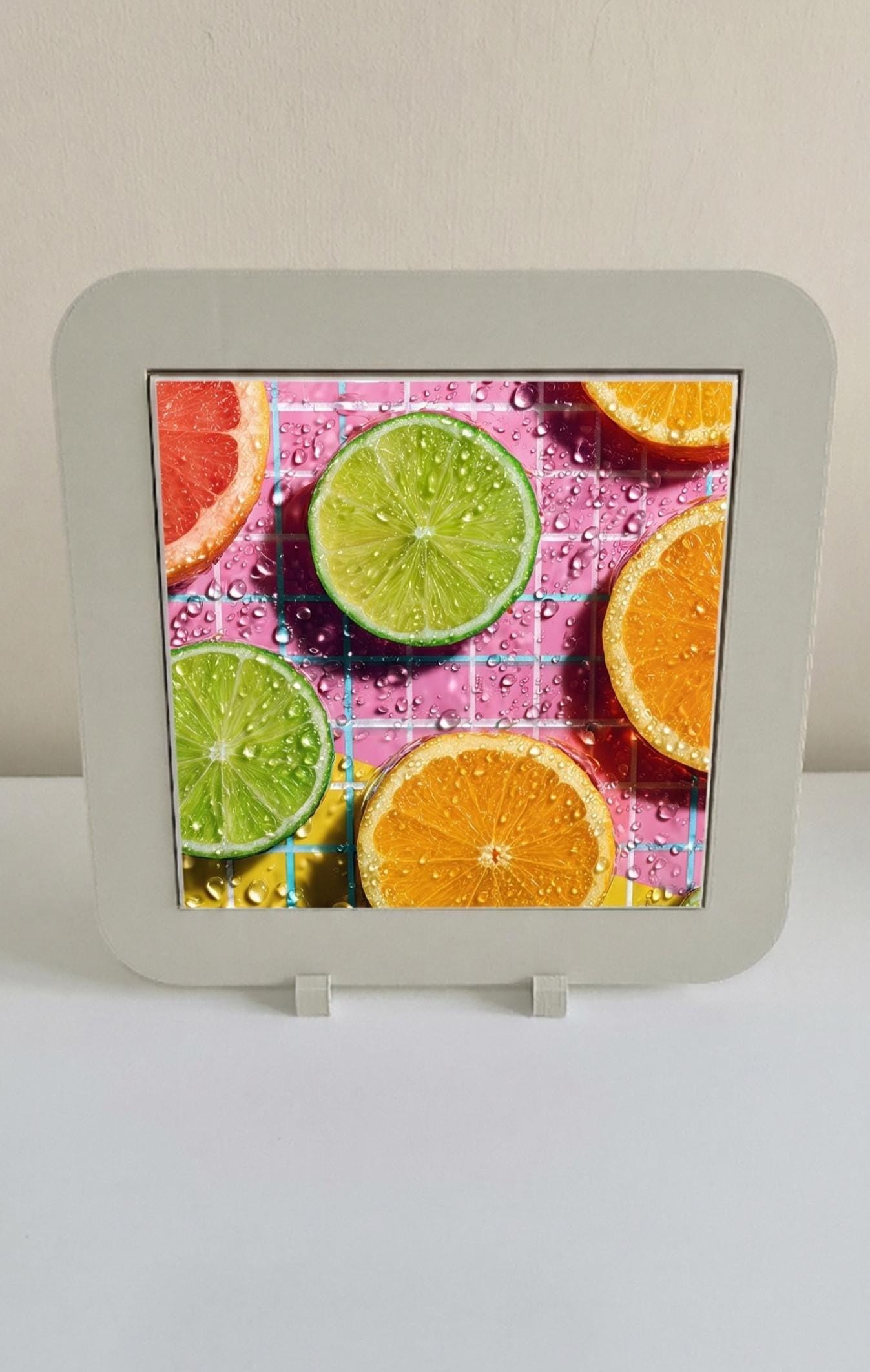 Retro Neon Citrus Ceramic Tile Art, 80s Vaporwave Kitchen Decor, Lime Orange Wall Art