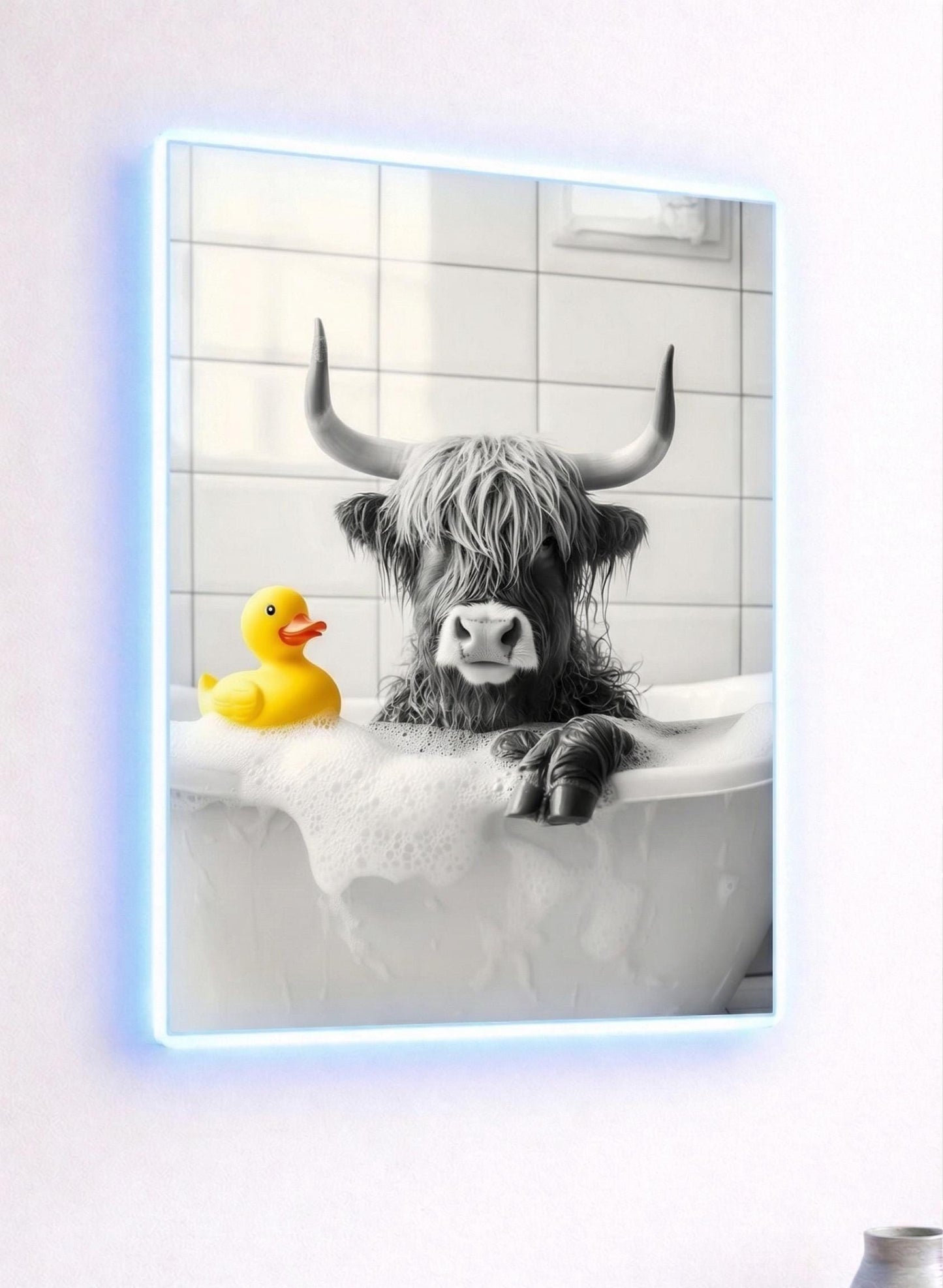 Highland Cow Bathtub Art, Black and White Animal Print, Quirky Bathroom Decor (LED Option)