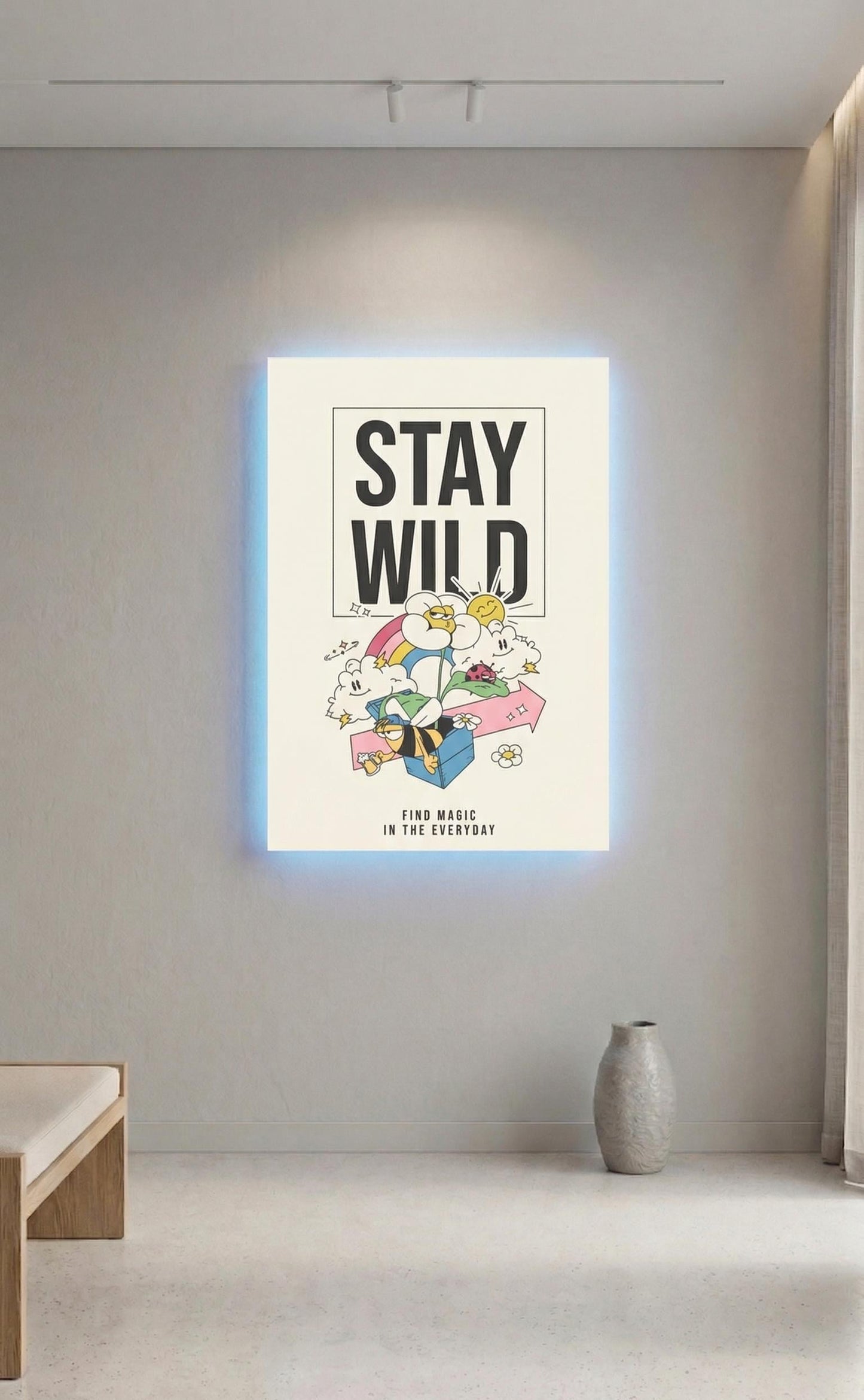 Stay Wild Retro Cartoon Art, 70s Vibe Mushroom Cloud Rainbow Print