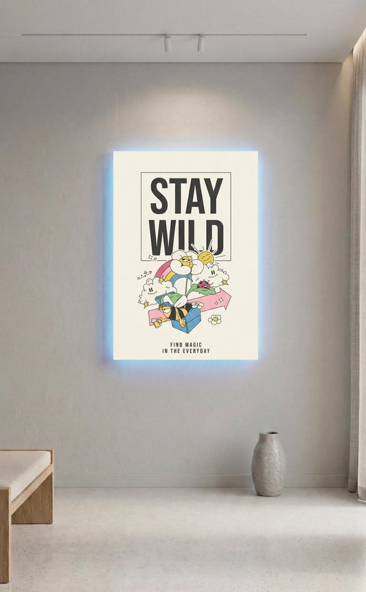 Stay Wild Retro Cartoon Art, 70s Vibe Mushroom Cloud Rainbow Print