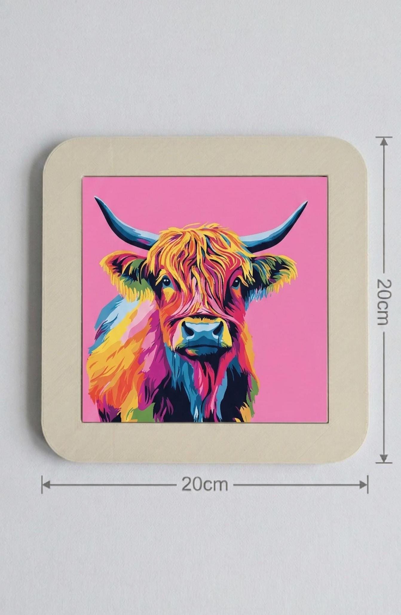 Vibrant Highland Cow Ceramic Tile Art, Pop Art Animal Decor, Pink Home Accents