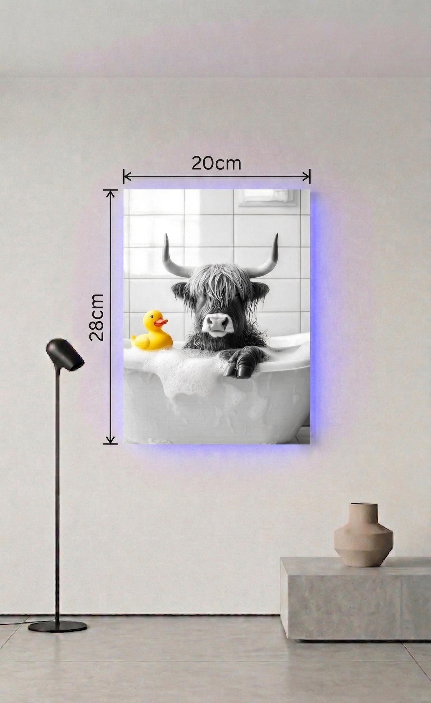 Highland Cow Bathtub Art, Black and White Animal Print, Quirky Bathroom Decor (LED Option)