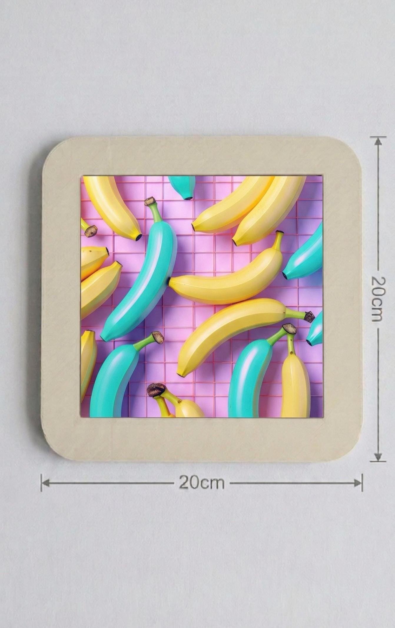 Teal Yellow Banana Illustration, Synthwave Retro Grid Art, 80s Tabletop Decor