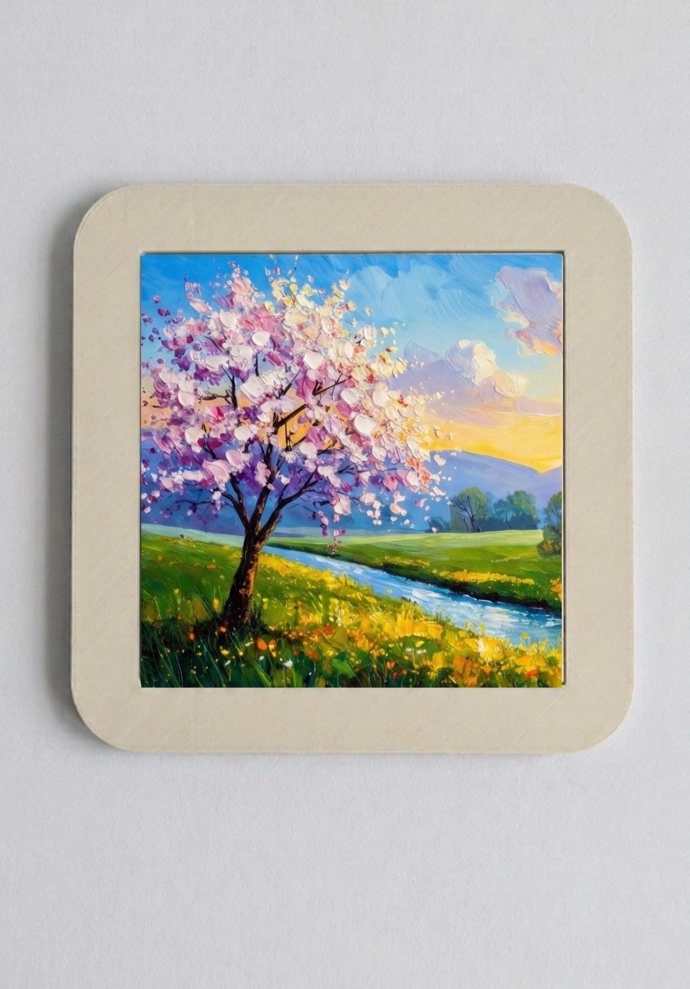Original Cherry Blossom Tile Print, Impasto Spring Landscape, Floral Wall Art