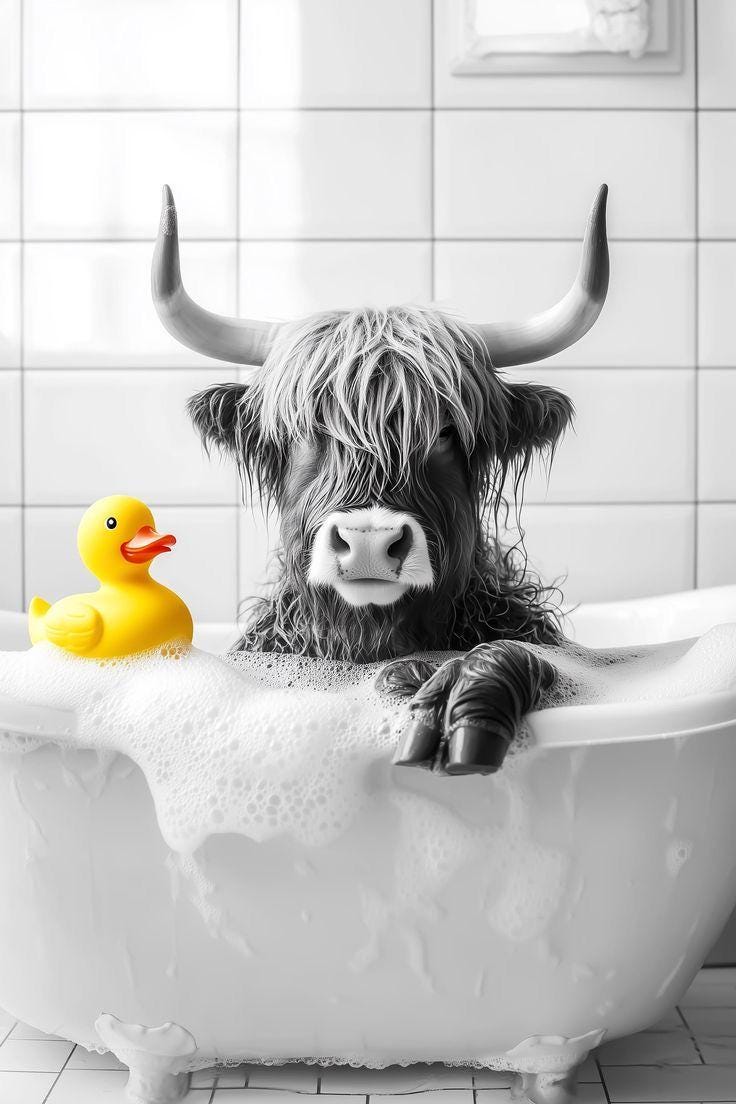 Highland Cow Bathtub Art, Black and White Animal Print, Quirky Bathroom Decor (LED Option)