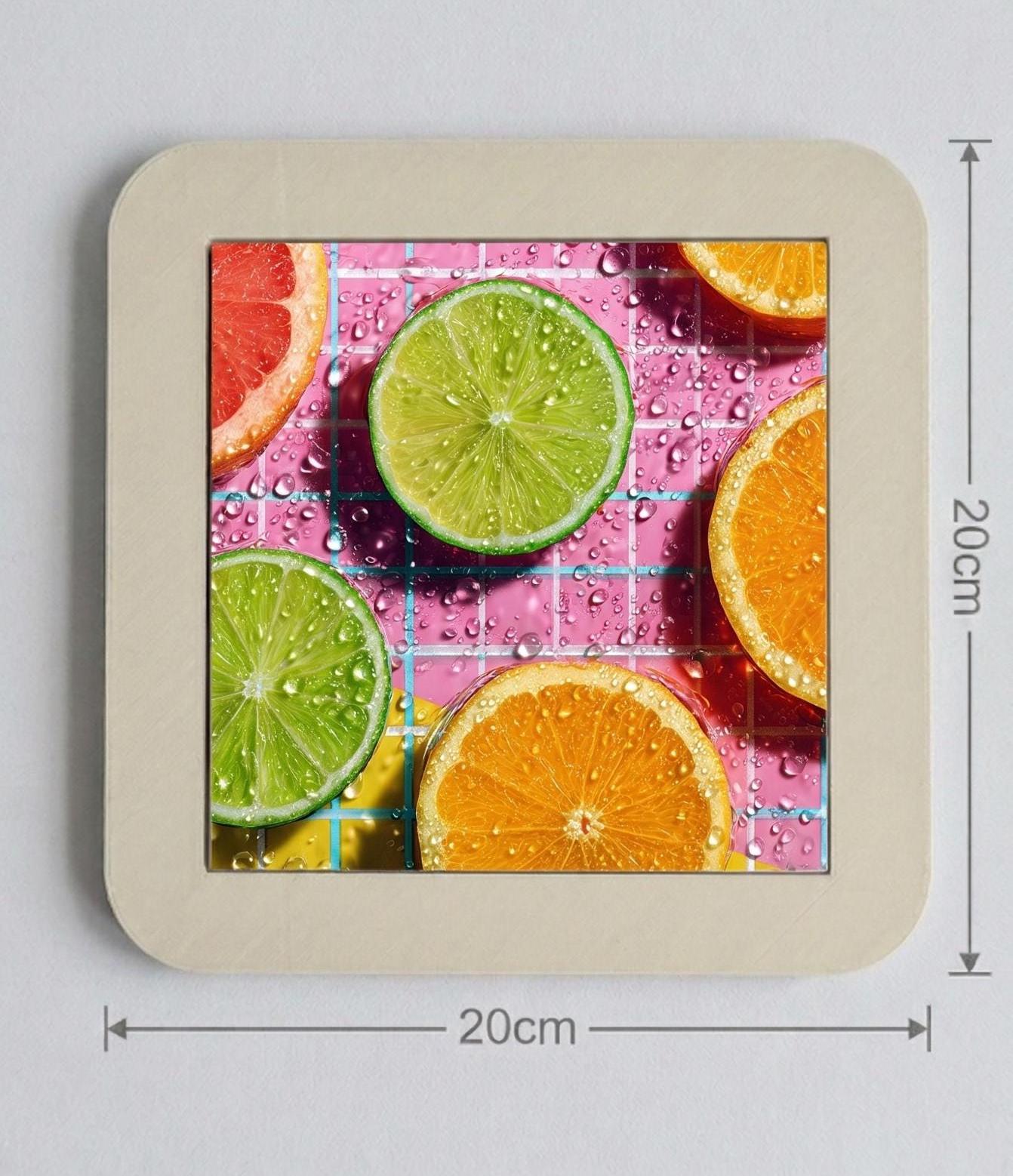 Retro Neon Citrus Ceramic Tile Art, 80s Vaporwave Kitchen Decor, Lime Orange Wall Art