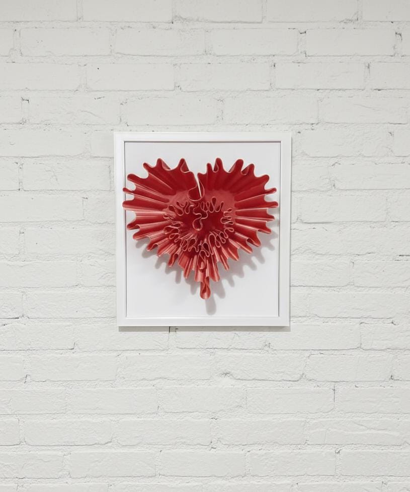 3D Ruffled Heart Sculpture, Red Textured Wall Art, Minimalist White Frame Home Decor