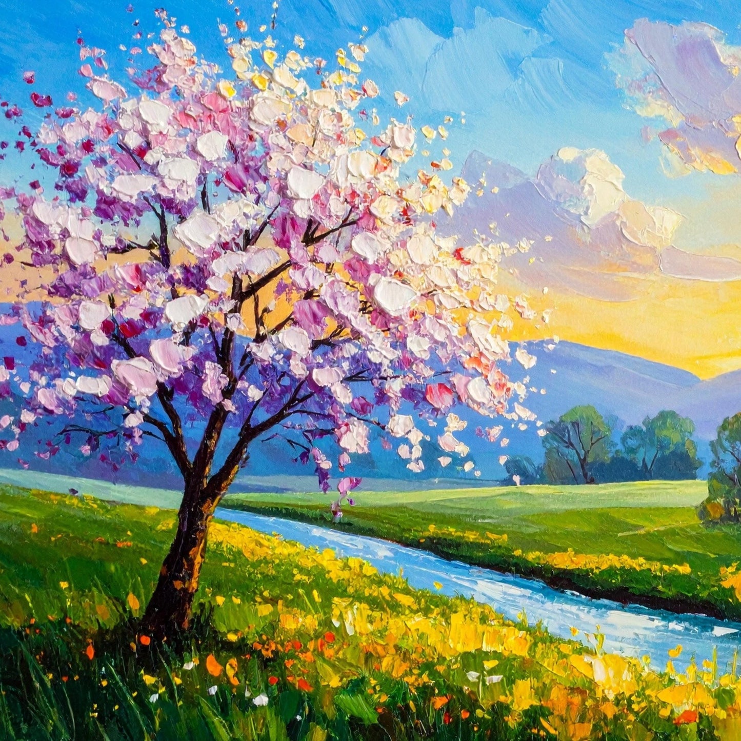 Original Cherry Blossom Tile Print, Impasto Spring Landscape, Floral Wall Art
