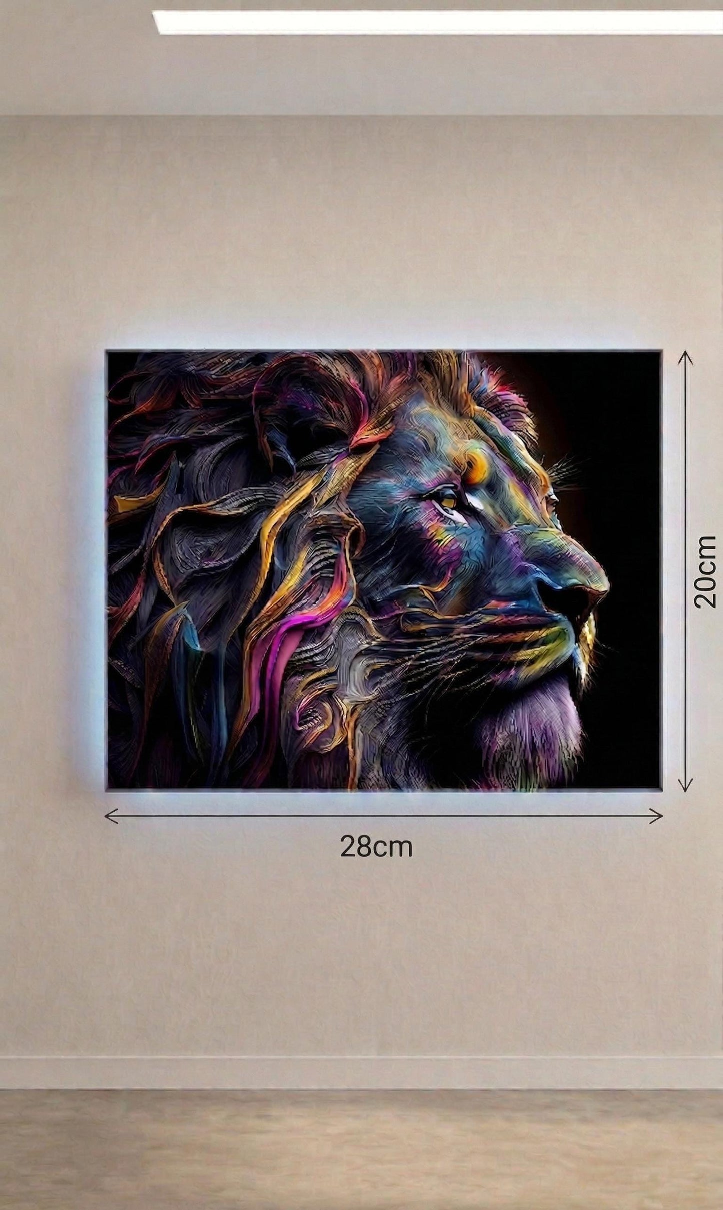 Abstract Lion Metal Wall Art, Colourful Animal Portrait, Backlit Effect (20cm x 28cm)
