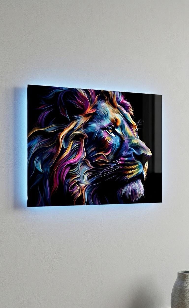 Abstract Lion Metal Wall Art, Colourful Animal Portrait, Backlit Effect (20cm x 28cm)