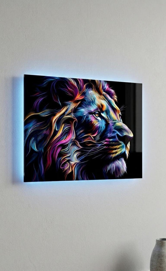 Abstract Lion Metal Wall Art, Colourful Animal Portrait, Backlit Effect (20cm x 28cm)