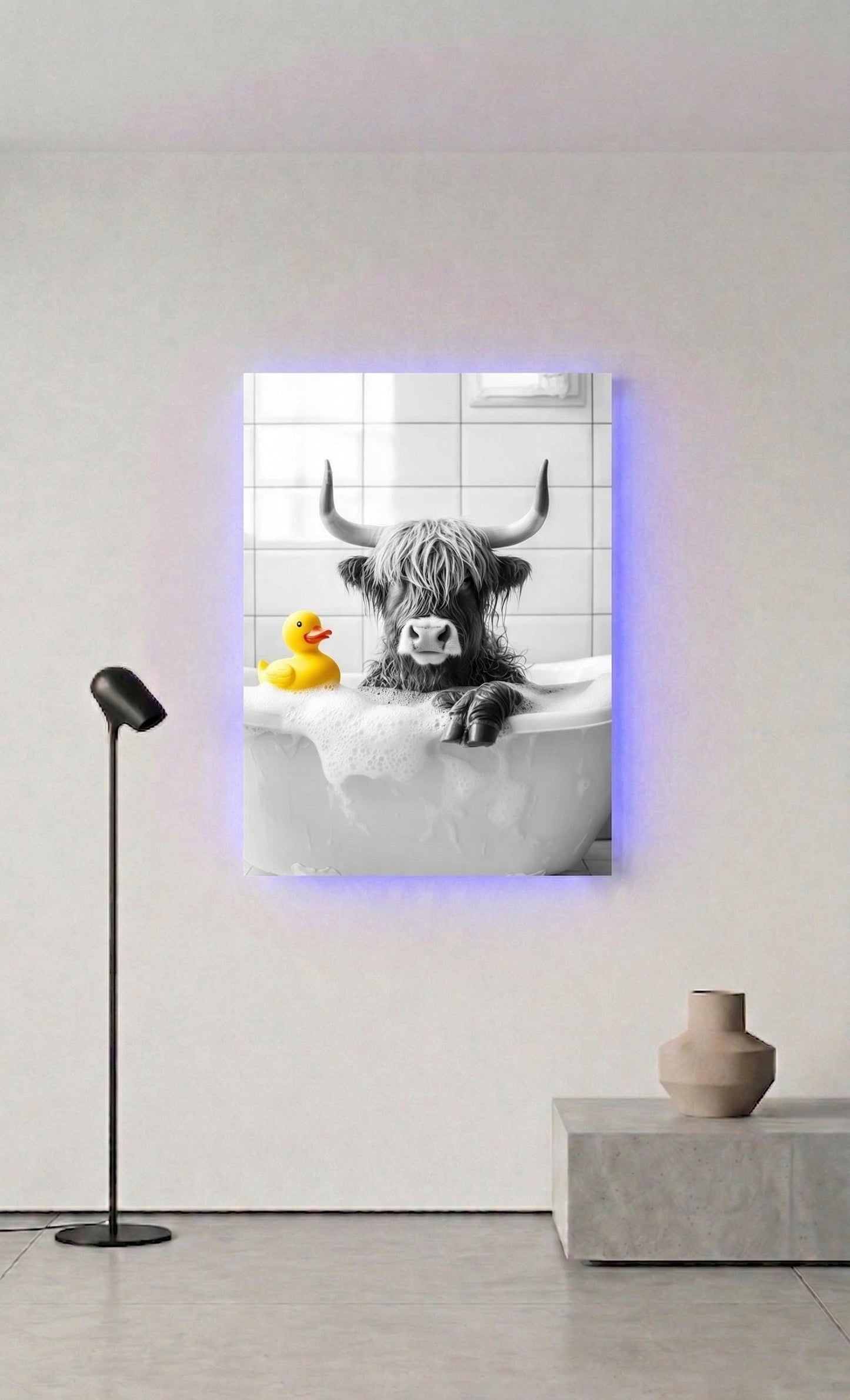 Highland Cow Bathtub Art, Black and White Animal Print, Quirky Bathroom Decor (LED Option)
